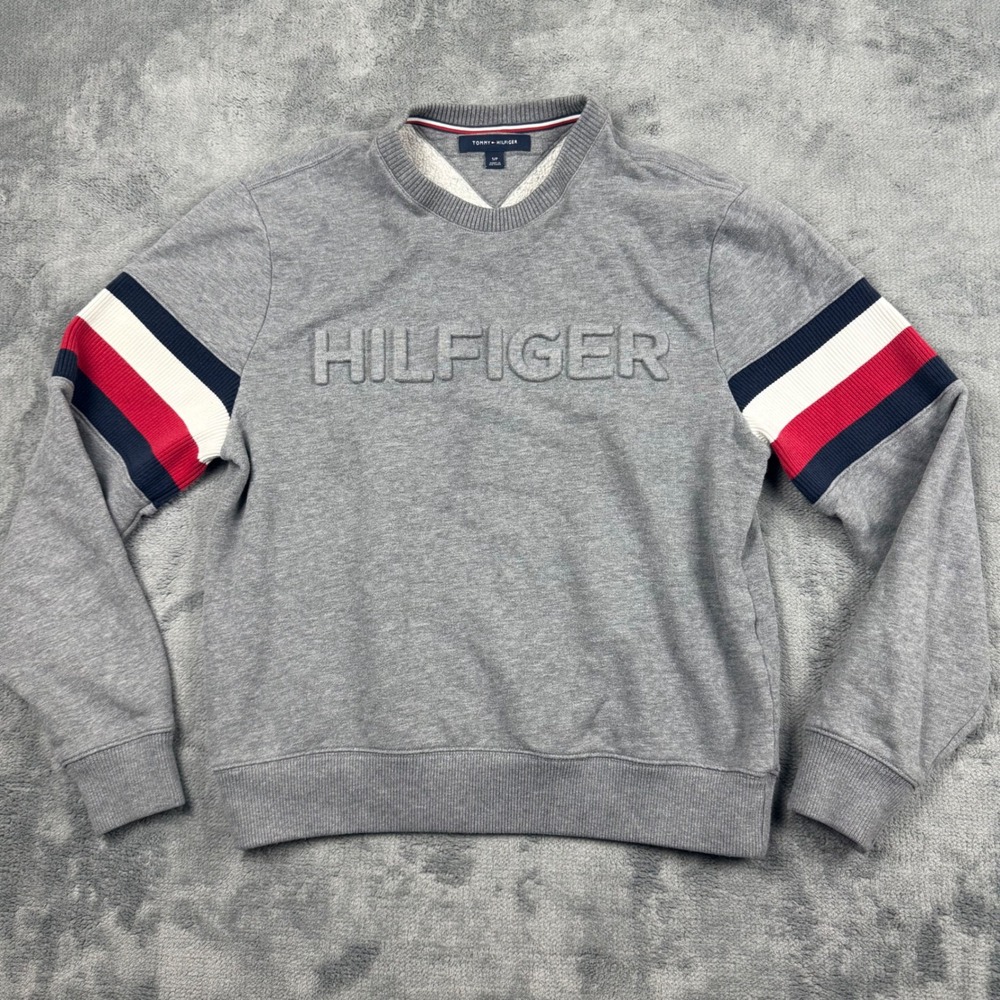 Tommy Hilfiger Gray Fleece Sweatshirt Embossed Logo Striped Sleeves Small